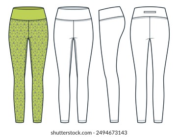 Leggings pants technical fashion illustration, geometric pattern. Sports Leggings fashion flat technical drawing template, front, side and back view, white, yellow, women, men, unisex CAD mockup set.