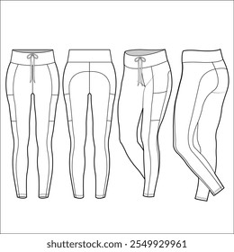 Leggings pants technical fashion illustration. Sports Leggings fashion flat technical drawing template, high-rise, front, side and back view, white colour, CAD mockup.