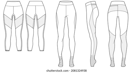 leggings set yoga, gym, athletic sportswear leggings and capri pant flat sketch front and back view vector template