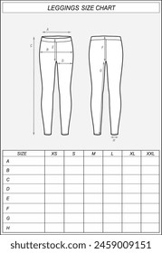 Leggings size chart. Cycling sport pants front and back sketch. Clothing measurements. Women CAD mockup. Technical drawing template. Vector illustration