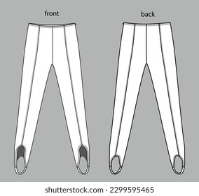 Ilustración técnica de la moda de los pantalones de las piernas. Sport Leggings moda planas de dibujo técnico, cintura alta, frente, retrovista, tobillo elástico, color blanco, maquillaje CAD,
ropa deportiva femenina