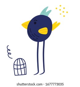 Leggy bird.Flat hand drawn vector illustration.Funny and cute character