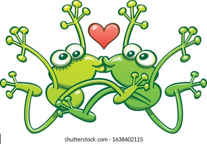 Leggy green frogs with crossed eyes having lots of fun meeting in a crazy romantic encounter. These frogs are performing an acrobatic jump to kiss and show a red heart. They are madly in love