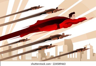 Legion of superheroes flying over city background to the rescue over the city. vector illustration. 