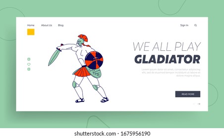 Legionary Soldier, Roman Warrior Gladiator Fighting on Coliseum Arena Landing Page Template. Ancient History,Tale or Show for Audience with Spartan Male Character Fight. Linear Vector Illustration