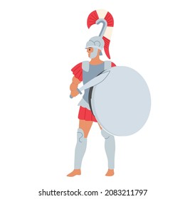 Legionary Soldier, Roman Warrior Gladiator Wearing Helmet Holding Sword and Shield Isolated on White Background. Ancient History, Spartan Male Character with Armor. Cartoon Vector Illustration