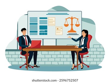 legislation concept. Financial consultation. Lawyer talking to client and  giving advice to client. Flat vector modern illustration 