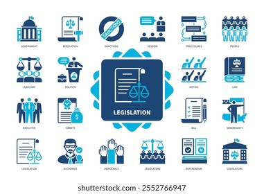 Legislation icon set. Government, Regulation, Voting, Judiciary, Legislature, Democracy, Session, Procedures. Duotone color solid icons