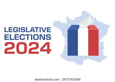 Elecciones legislativas 2024, Francia. Cuadro de votación con los colores de la bandera, elemento del mapa del país, sobre, texto. Concepto de votación y elección.