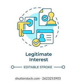 Legitimative Interesse mehrfarbiges Konzept Symbol. Betrugsbekämpfung und Netzwerksicherheit. Rechtsgrundlage aus der DSGVO. Runde Liniendarstellung. Abstrakte Idee. Grafikdesign. Einfach in Artikel zu verwenden