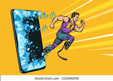 legless male athlete running with a prosthetic. Phone gadget smartphone. Online Internet application service program. Pop art retro vector illustration drawing vintage kitsch