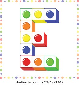 Lego Alphabet English letter E blocks in coloring stroke with colorful circles modern style drawing