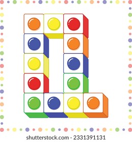 Lego Alphabet English letter Q blocks in coloring stroke with colorful circles modern style drawing