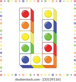 Lego Alphabet English letter U blocks in coloring stroke with colorful circles modern style drawing