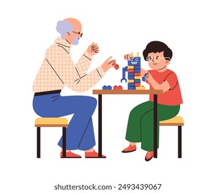 Lego fun for different generations. Vector image of a boy and his grandfather assembling a Lego set, demonstrating family leisure and developmental activities. Flat style on isolated background.