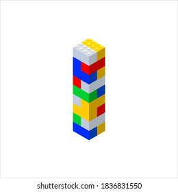 Lego. Isometric font made from color plastic blocks. The children's designer. Letter I. Vector illustration