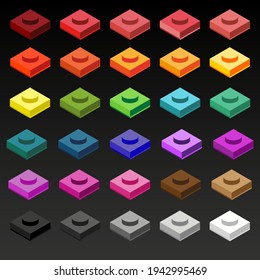 Lego piece or building blocks in different colors. Idea - useful for bigger projects, for icons, for website and app elements, for cartoons, for toys, for kids. Vector illustration, easily modifiable