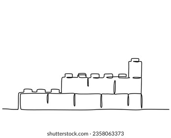 Lego popular plastic construction toys. Continuous one line art drawing style. Minimalist black linear sketch isolated on white background. Vector illustration