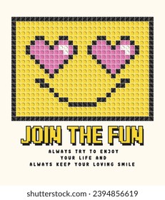 Slogan de estilo Lego y carita sonriente desde, fondo de lego amarillo, ilustración vectorial para impresiones de camisetas, afiches y otros usos
