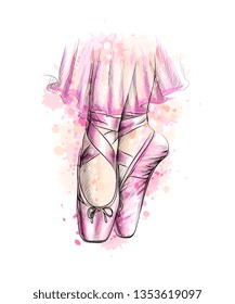 Legs of ballerina in ballet shoes from a splash of watercolor, hand drawn sketch. Vector illustration of paints