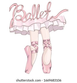Legs of a ballerina dressed in pointe shoes, a skirt is visible from above and the inscription from satin ribbons Ballet. Colorful vector illustration and lettering