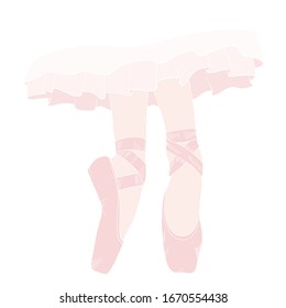 Legs of a ballerina dressed in pointe shoes, a skirt is visible from above and the inscription from satin ribbons Ballet. Flat vector illustration
