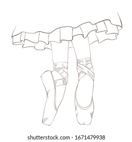 Legs of a ballerina dressed in pointe shoes, a skirt is visible from above. Line art vector illustration