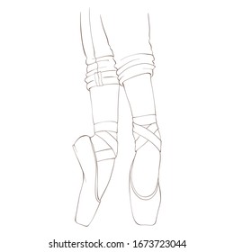 Legs of a ballerina dressed in pointe shoes, a blue jeans is visible from above. Line art vector illustration
