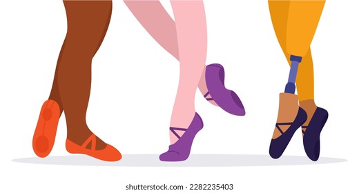 Legs in ballet shoes. Inclusive dance. International Dance Day. World Ballet Day. Professional development in inclusive dance. Ballerinas of different ethnicity.