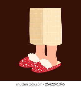 Legs in beige striped pyjama and cosy red slippers. Christmas hand drawn vector illustration.