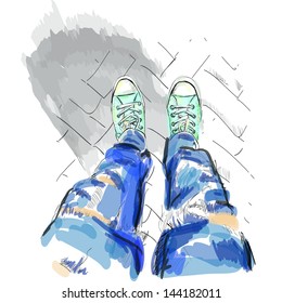 Legs with blue jeans in gumshoes. Vector illustration. EPS