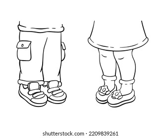 Legs of a boy and a girl. Digital stamp. Cartoon style character. Vector illustration isolated on white background.