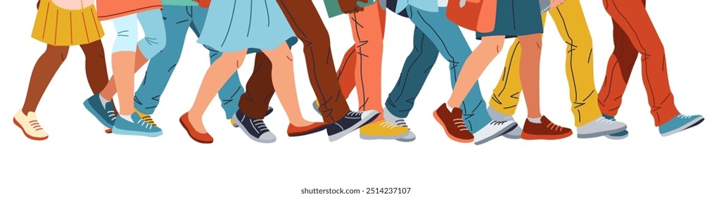 Legs of children walking to lessons flat color vector illustration. Kids go to school after holidays concept of back to school icon on white