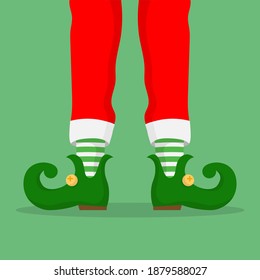 Legs Christmas Elf in green shoes with bells, in striped stockings and in short red breeches. Vector illustration isolated on green background.