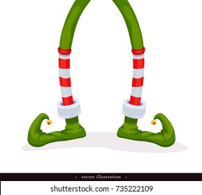 Legs Christmas Elf in green shoes with bells, in striped stockings and in short red breeches. Isolated on white. Humorous xmas collection. Creative festive background. Vector illustration