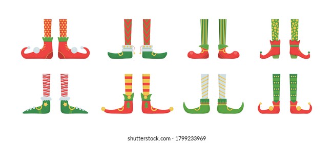 Legs Christmas elf in shoes with bells. Santa helpers shoes and pants. Collection of cute elves legs, boots, socks. Creative Christmas composition. Funny assistant to Santa Claus. Vector illustration.