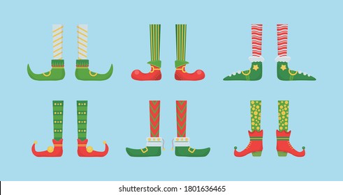 Legs Christmas elf in shoes with bells. Santa helpers shoes and pants. Collection of cute elves legs, boots, socks. Creative Christmas composition. Funny assistant to Santa Claus. Vector illustration.