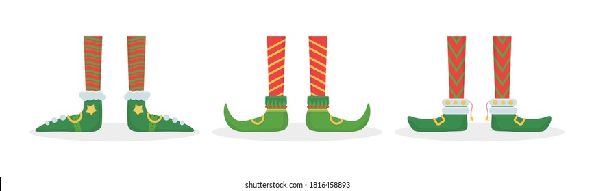 Legs Christmas elf in shoes with bells. Creative Christmas composition. Santa helpers shoes and pants. Collection of cute elves legs, boots, socks. Funny assistant to Santa Claus. Vector illustration.