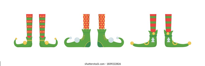 Legs Christmas elf in shoes with bells. Santa helpers shoes and pants. Collection of cute elves legs, boots, socks. Creative Christmas composition. Funny assistant to Santa Claus. Vector illustration.