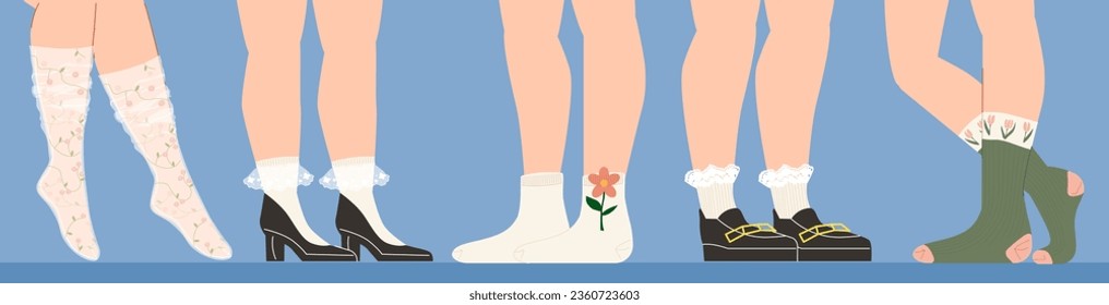 Legs in colored socks set. Woen in trendy white apparel and wear. Fashion, trend and style. Aesthetics and elegance. Cartoon flat vector collection isolated on blue background