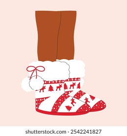 Legs in cosy Christmas boots. Hand drawn vector illustration.