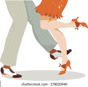 Legs of couple in 1920s clothes and footwear dancing the Charleston, vector illustration, no transparencies, EPS 8