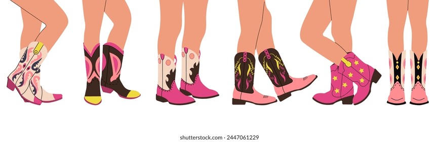 Legs in cowboy boots. Cowgirl leg, fashion young women wear wild west style shoes. Western and texas, cartoon trendy accessories vector set of cowgirl american, fashion vintage wild west illustration