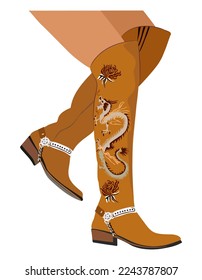 Legs in cowboy boots. Cowboy girl wears boots. Cowboy western theme, wild west, Texas. Cowgirl boots embroidered decoration. Hand drawn color trendy vector illustration isolated on white background.