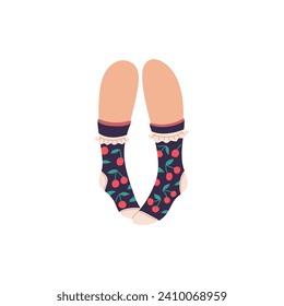 Legs in cute funny socks with cherry decor, flat cartoon vector illustration isolated on white background. Funny ankle socks with bright pattern for women and children.
