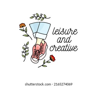 Legs dangle shod in sneakers and flowers, logo design. Shoes, fashion, plants and nature, vector design and illustration svg