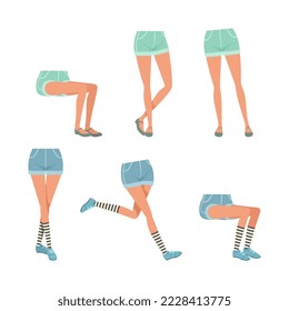 Legs in Dim-Shorts posieren in verschiedenen Positionen gesetzt. Teenage-Body-Parts-Konstruktor für Zeichentrickfilm, Vektorgrafik-Vektorgrafik