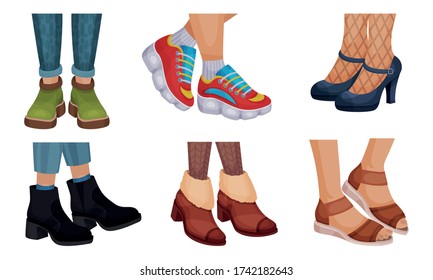 Legs in Different Footwear with High Heeled Shoes and Autumn Boots Vector Set