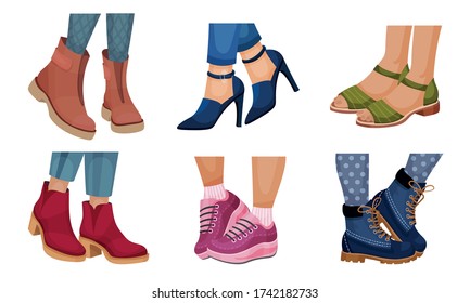 Legs in Different Footwear with High Heeled Shoes and Autumn Boots Vector Set