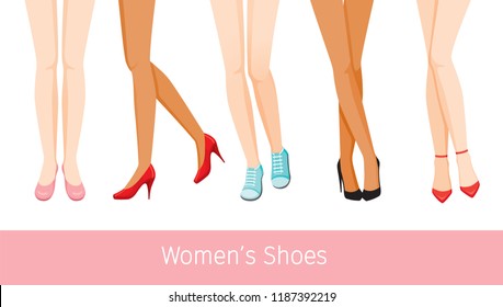 Women’s Legs With Different Skin And Types Of Shoes, Women Standing, Footwear, Fashion, Objects
